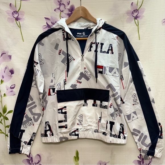 Fila Jackets & Blazers - Fila White and Navy Graphic Logo Windbreaker Quarter Zip Hoodie